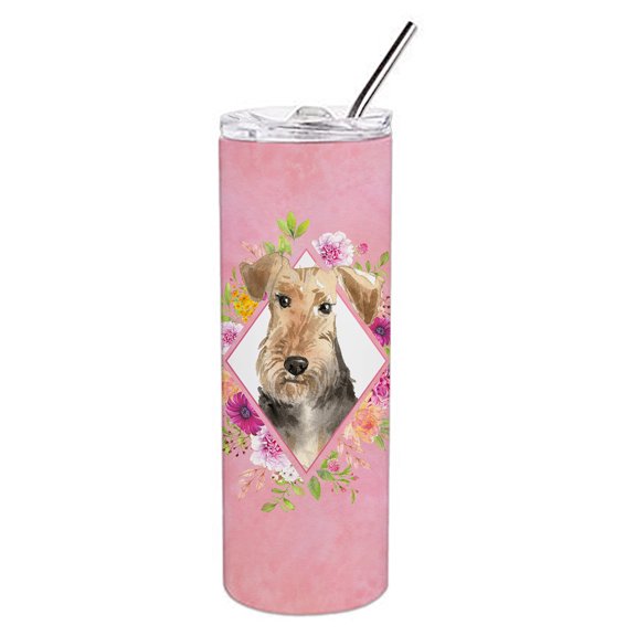 Airedale Terrier Pink Flowers Double Walled Stainless Steel 20 oz Skinny Tumbler