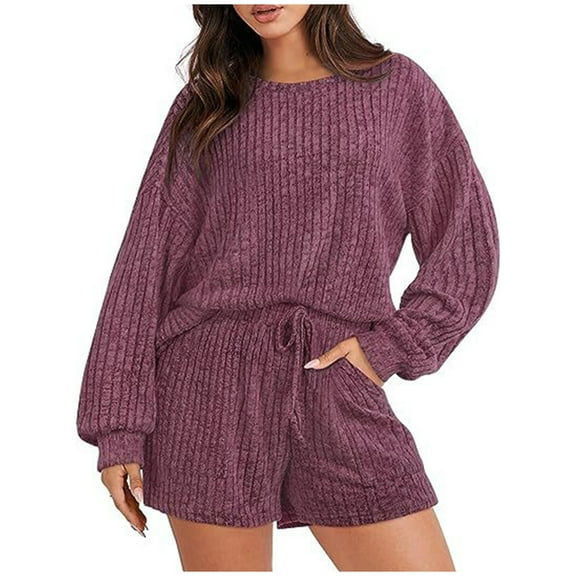 Black and Friday Deals,Womens Ribbed Knit Sweater Sets, Loose Crewneck Plain Sweatshirt and Shorts Set 2 Piece Casual Sports Lounge Outfits (XL, Wine)