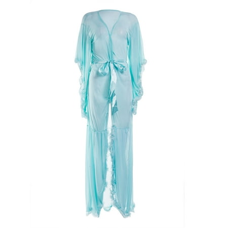 

Womens Lace Long Sleeve Plush Robe Luxury Kimono See Through Extra Long Babydoll Nightgown Dress