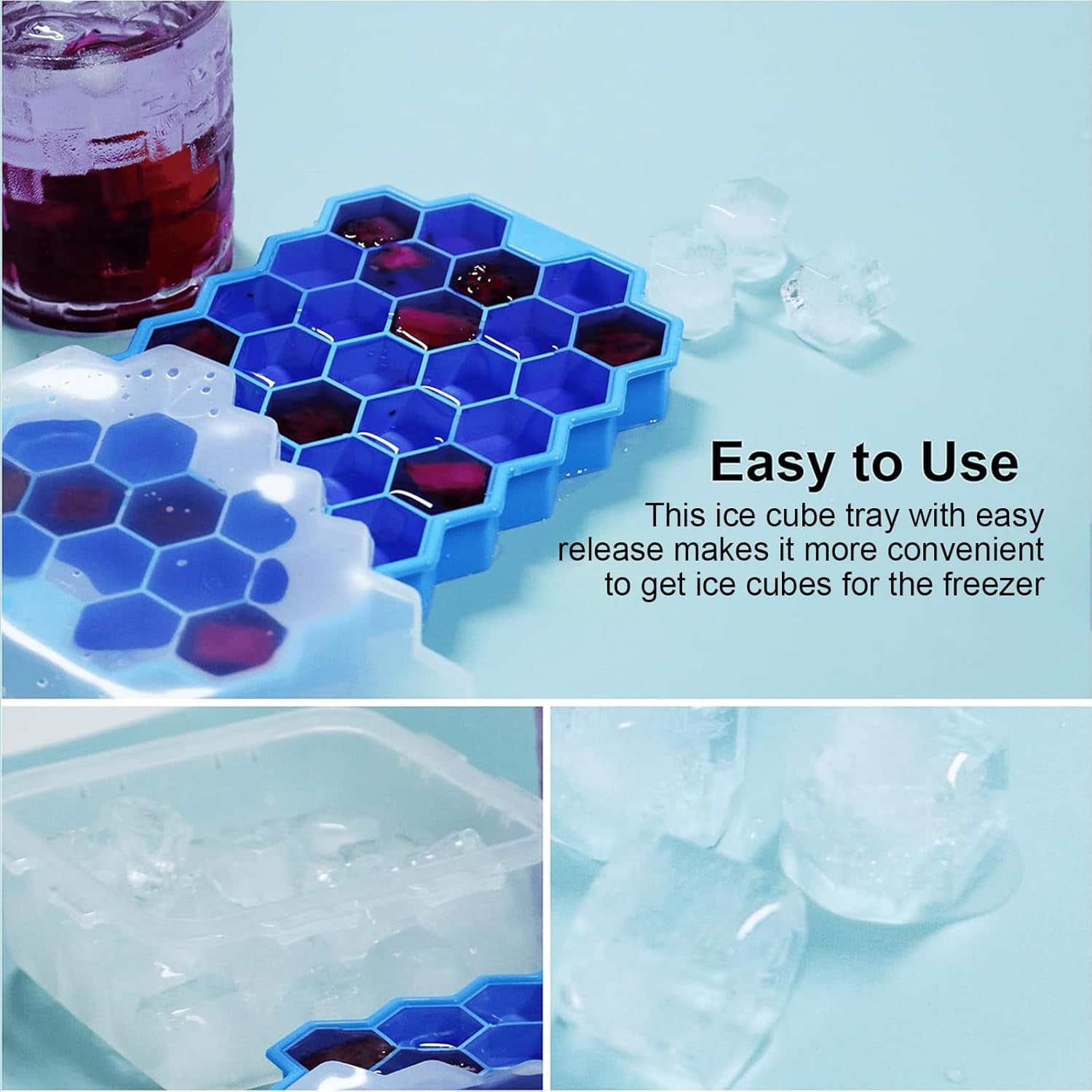 Ice Cube Trays for Freezer with Lid-37 Grid Silicone Ice Cube Tray with Lid for Small Ice Cube Molds,Easy-Release Reusable Ice Cube in Ice Bucket for Iced Coffee Cup