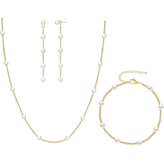 3pcs Gold Jewelry Set for Women, Dainty 14K Gold Plated Pearl Necklace and Earring Set with Drop Earrings, Bracelets, Necklace - Wedding Jewelry Gift