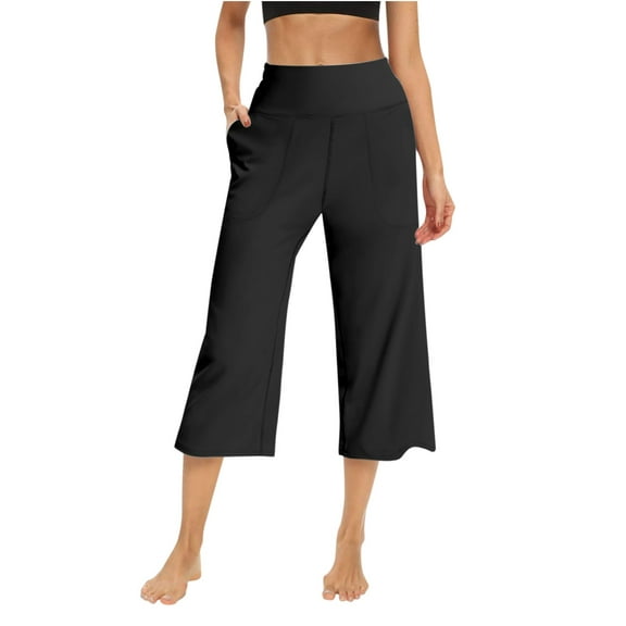 UJNDER Women's Casual Yoga Capris High Waist Exercise Wide Leg with Pockets Soft Pajama Style Black XXL