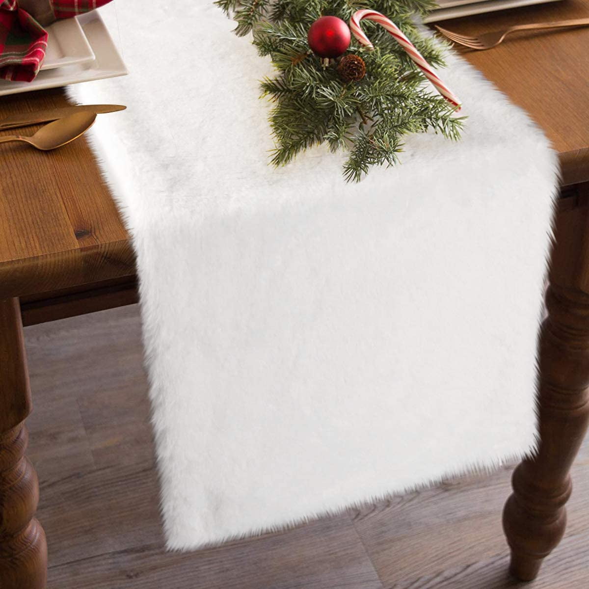 Faux Fur Table Runner White Decorations for Christmas Winter Holiday