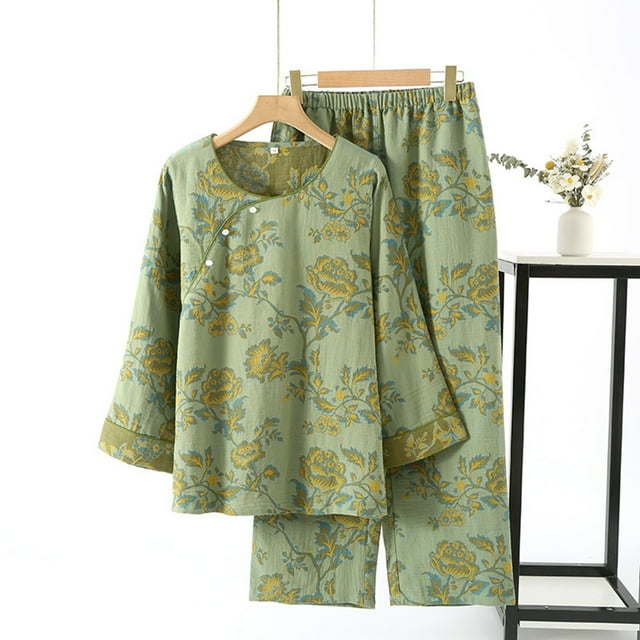 Ensemble de Pyjama Jacquard Pur pour Femmes avec Manches 3/4 et Col Incliné pour Tenue de Maison Confortable