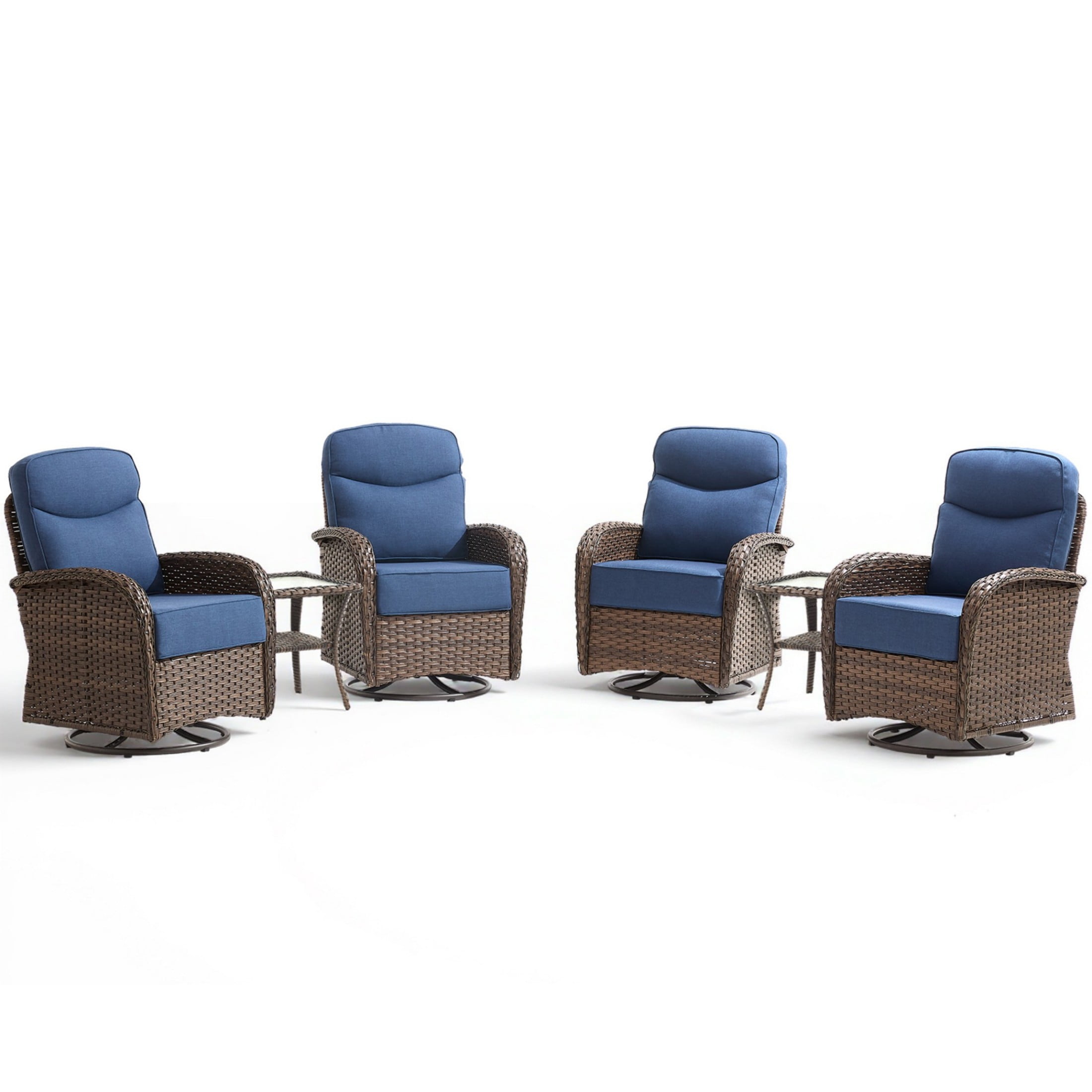 Unnifurnzi Outdoor Swivel Rocker Patio Chairs-6'' Thick Cushions Outdoor Rocking Chairs Set of 4 with Patio Side Table Patio Table and Chairs for Deck Porch Garden Balcony Poolside-Brown/Blue