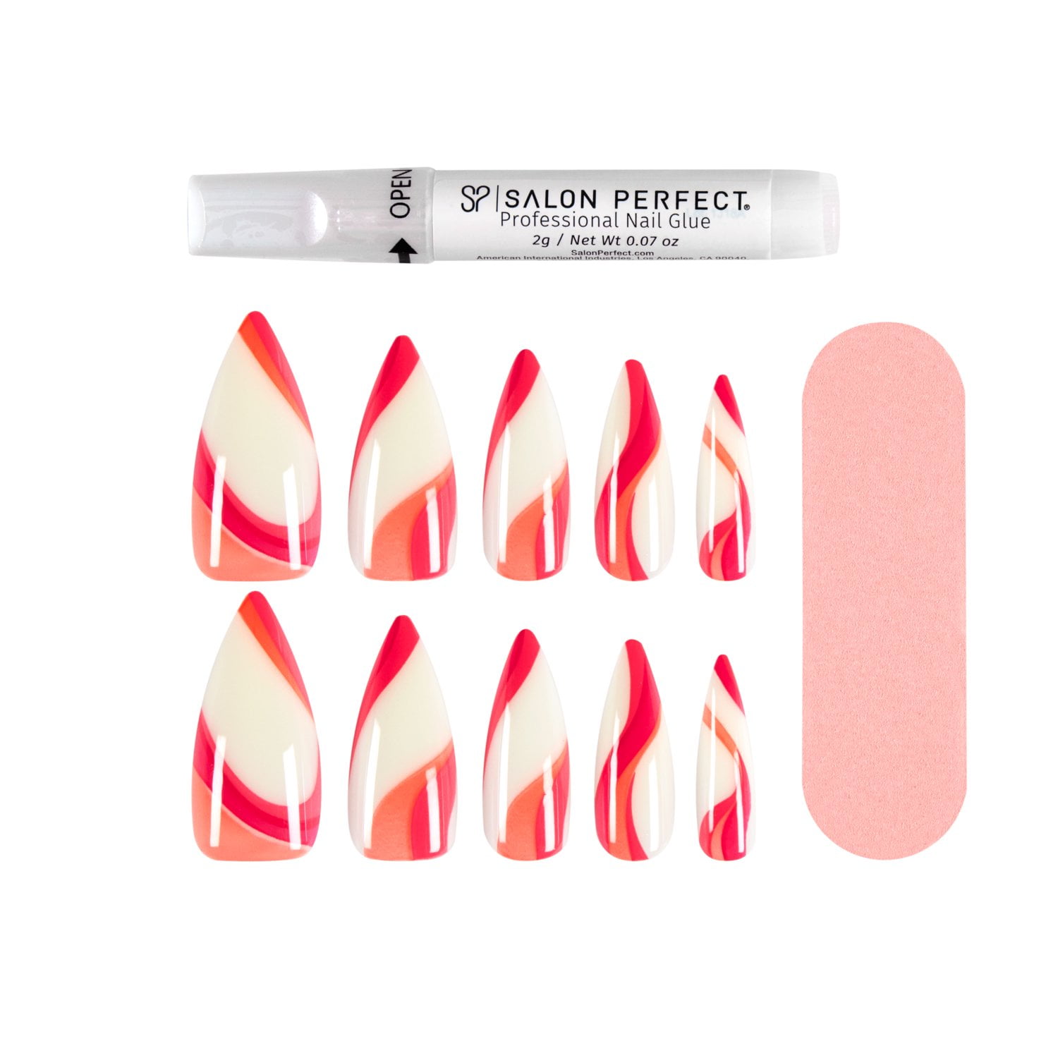 Salon Perfect Modern Art Press on Nails, Red Swirl Fake Nail Kit, 30 Pieces