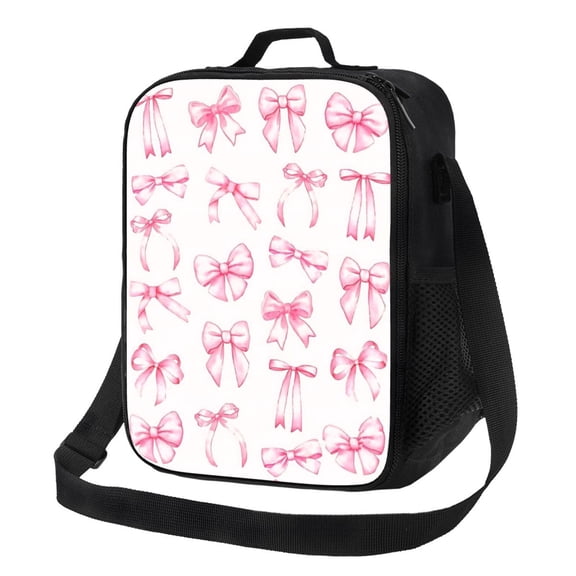 Pink Bow Lunch Bag Insulated Thermal Box with Shoulder Strap & Handle for Work and Picnic