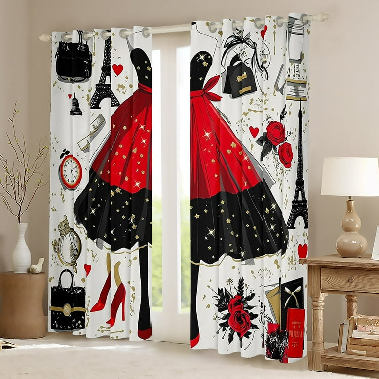 Fashion Woman Dress Curtains Golden Polka Dots 30%-50% Blackout Curtains  Red Black Dress Decor Bedroom Curtains Romantic Makeup Themed Window  Curtains Eiffel Tower Paris Curtains,38"Wx45"L - Walmart.com
