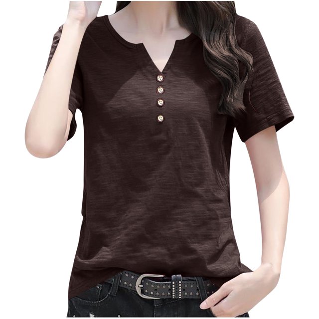 Kaemgyyd Womens Tops Notch V Neck Short Sleeve Summer Tops Plus Size Button up Solid Color Beach Vaction Clothes