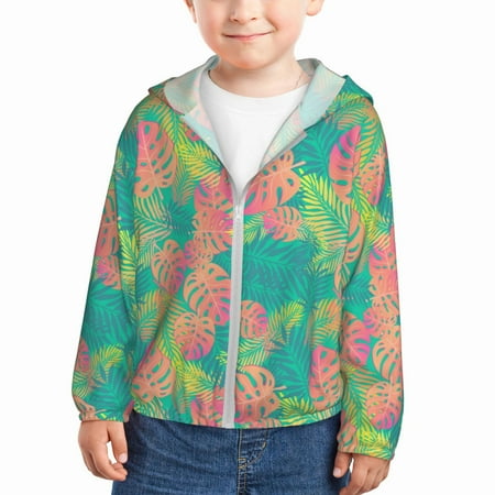 

Sun Hoodie for Kids Colorful Palm Leaves Long Sleeve Swim Fishing Shirts Sun Protection Zip Up Jacket Clothing Athletic Hoodie