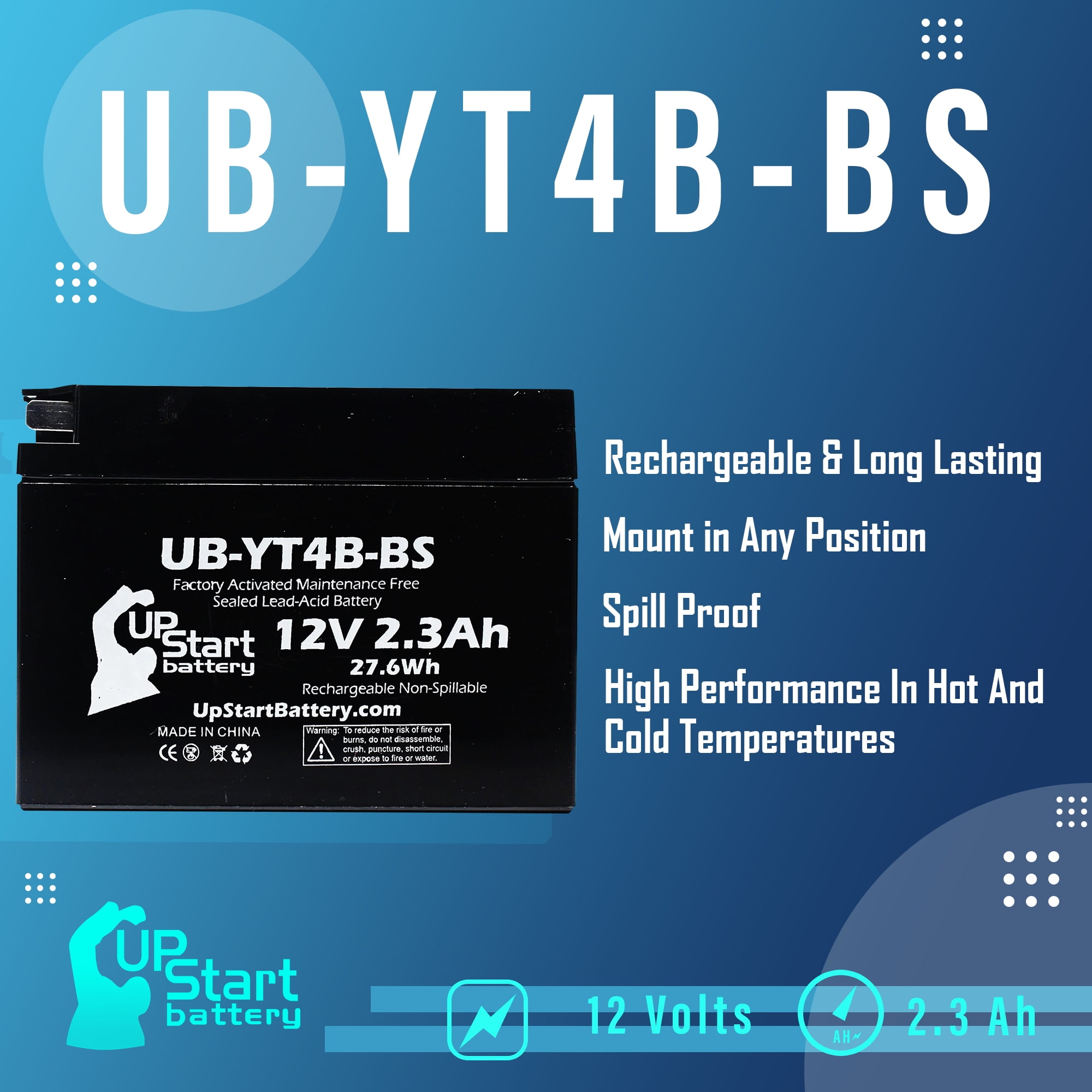 UpStart Battery Replacement 2005 Yamaha TTR90E Electric Start 90CC Factory Activated, Maintenance Free, Motorcycle Battery - 12V, 2.3Ah, UB-YT4B-BS