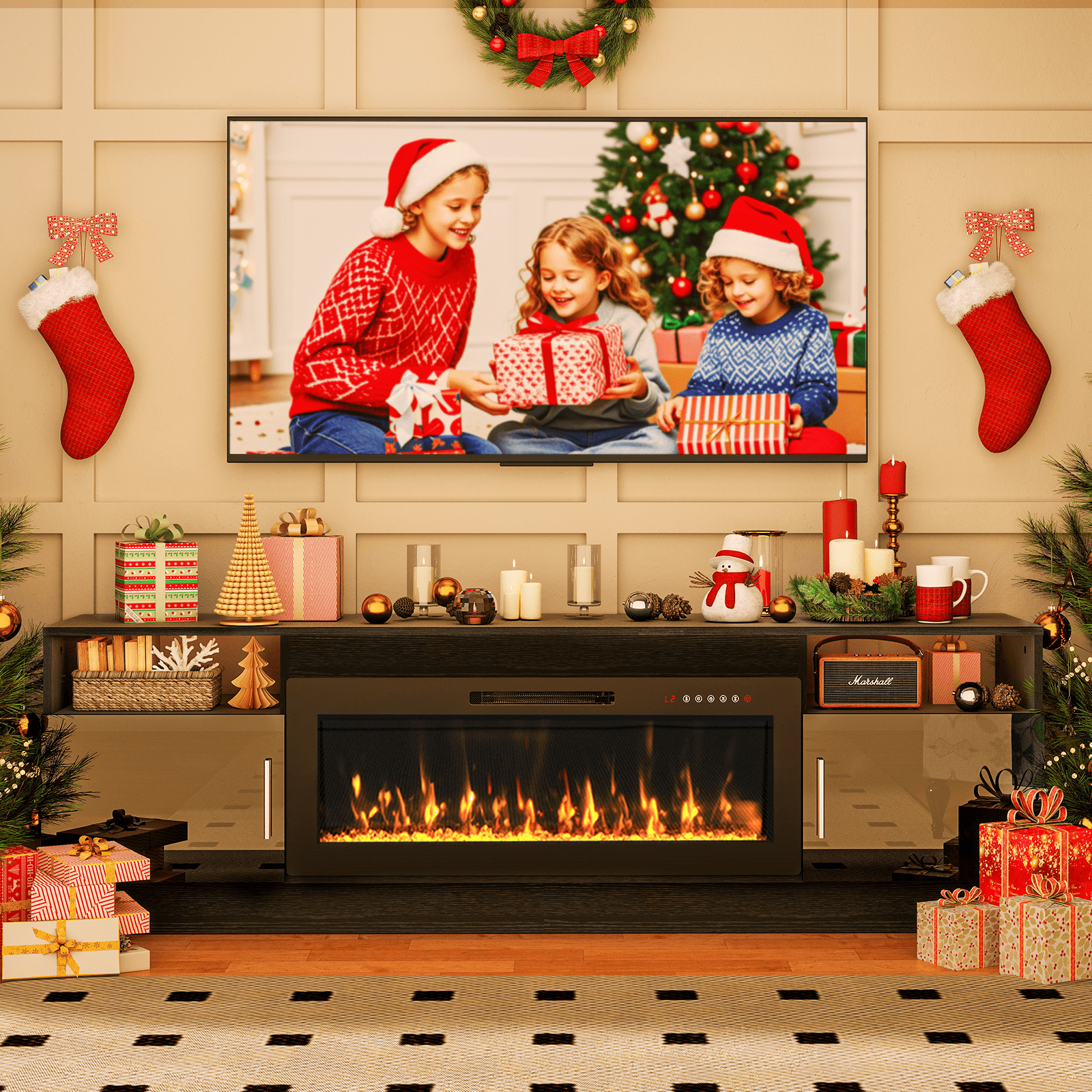 Rocyis Electric Fireplace TV Stand-70 inch TV Stand with 36" Electric Fireplace, Living Room TV Cabinet with Storage for TVs Up to 80", Led Entertainment Center, Modern Media Console, Black