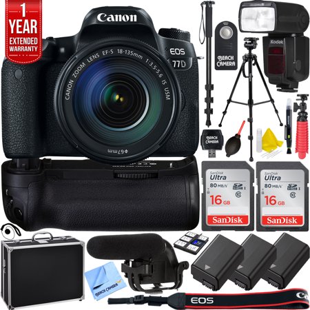 Canon EOS 77D 24.2 MP CMOS (APS-C) DSLR Camera w/ EF-S 18-135mm Lens Triple Battery & Battery Grip Complete Video Recording Bundle - 2018 Beach Camera 24 Piece Value