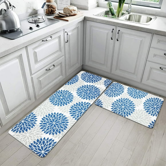 MeyJey Anti Fatigue Kitchen Rugs and Mats, 2 PCS Non-Slip Waterproof Runner Rug and Mat Set, Blue