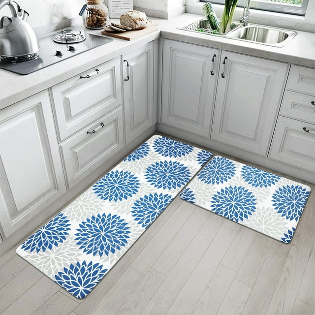 MeyJey Anti Fatigue Kitchen Rugs and Mats, 2 PCS Non-Slip Waterproof Runner Rug and Mat Set, Blue