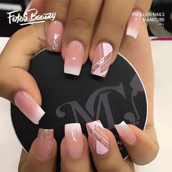 Fofosbeauty 24pcs Press on False Nails Tips, Square Artificial Nails, French White with Goldpink