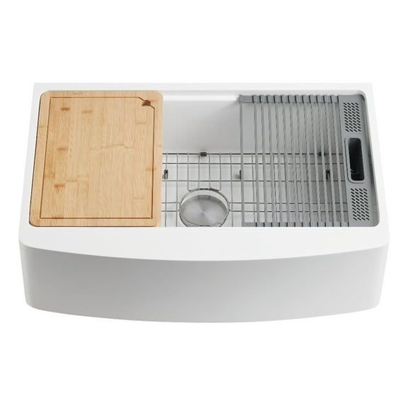 Kingston Brass GKKA36229 Miranda 36-Inch Solid Surface Single Bowl Farmhouse Kitchen Sink with 6-Piece Kitchen Accessory Set in Glossy White