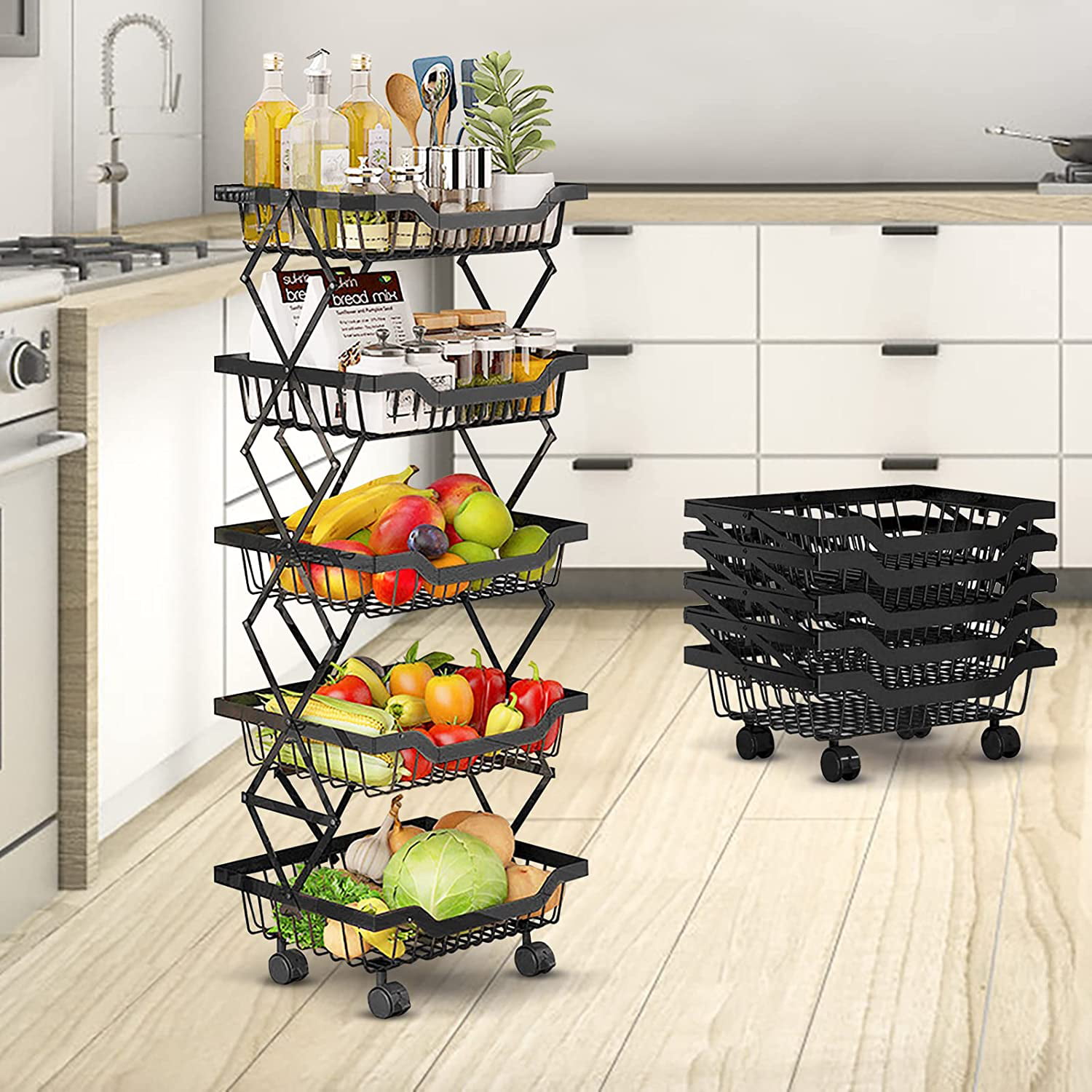 LINASHI Fruit Vegetable Storage Basket Kitchen Baskets Fruit Vegetable  Utility Cart Rack Storage Bin for Kitchen Pantry 