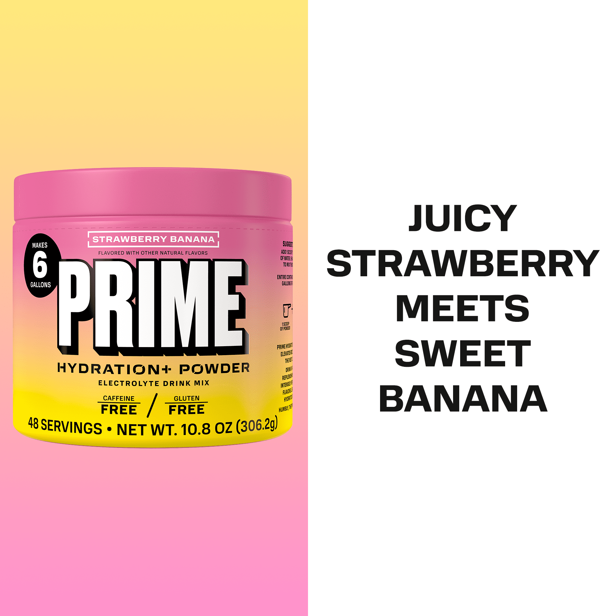 PRIME Hydration+ Strawberry Banana Electrolyte Powder, Sugar Free, 6 Gallon Tub