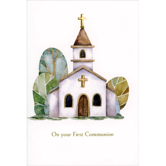 Pictura White Church with Brown Door and Roof First / 1st Communion Congratulations Card