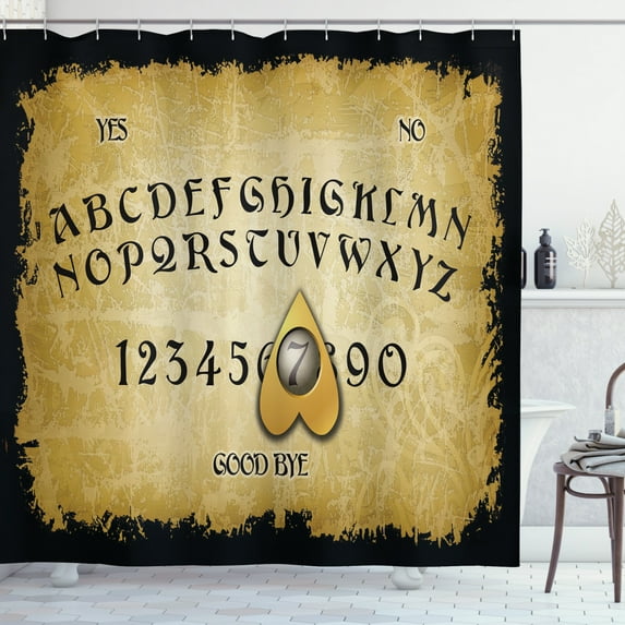 Ouija Board Shower Curtain, Grungy Board Design with Vanished Scratchy Background, Fabric Bathroom Set with Hooks, 69W X 84L Inches Extra Long, Pale Coffee Earth Yellow and Black, by Ambesonne