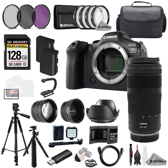 Canon EOS R6 II Camera   RF 100-400mm f/5.6-8 IS USM Lens 128GB Ext Bat 9 PC Filtr MEGA Kit (International Version)