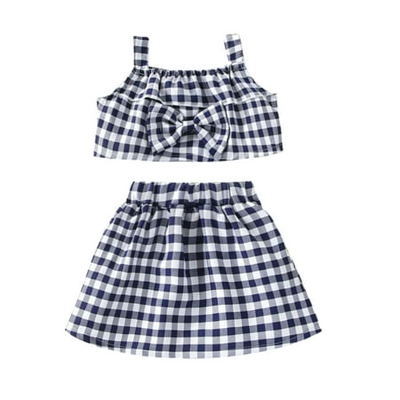 

Toddler Kids Girl Clothes Casual Beach Plaid Print Sleeveless Strap Suspenders Top Skirt 2Pcs Outfits Set