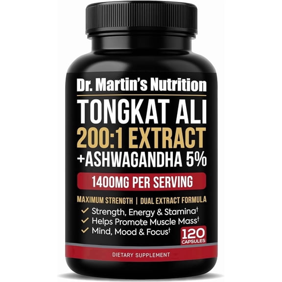 Tongkat Ali 200:1 Extract with Ashwagandha 5% Withanolides | Herbal Adaptogen Supplement | 120 Capsules | Non-GMO, Gluten Free