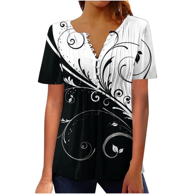 Pompotops Mode Femme Décontractée Imprimé Col Rond Ample Manches Courtes T-shirt Haut Blouse Chandail Liquidation
