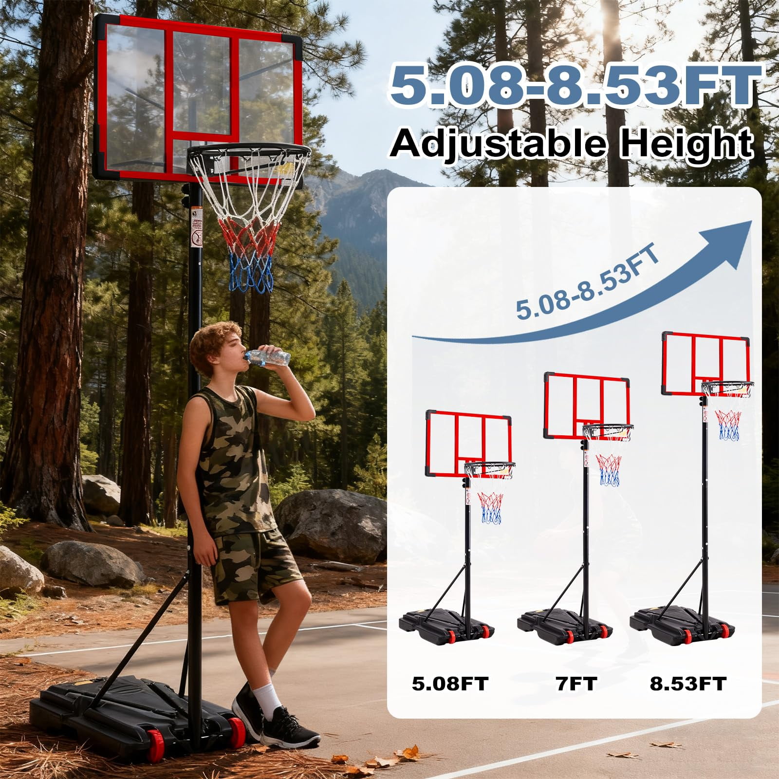 Atilioo Portable Basketball Hoop Stand with 44" Shatterproof Backboard, 5.08-8.53FT Adjustable Basketball Goal System, 2 Wheels, Fillable Base for Adults and Kids in Indoor/Outdoor, Red