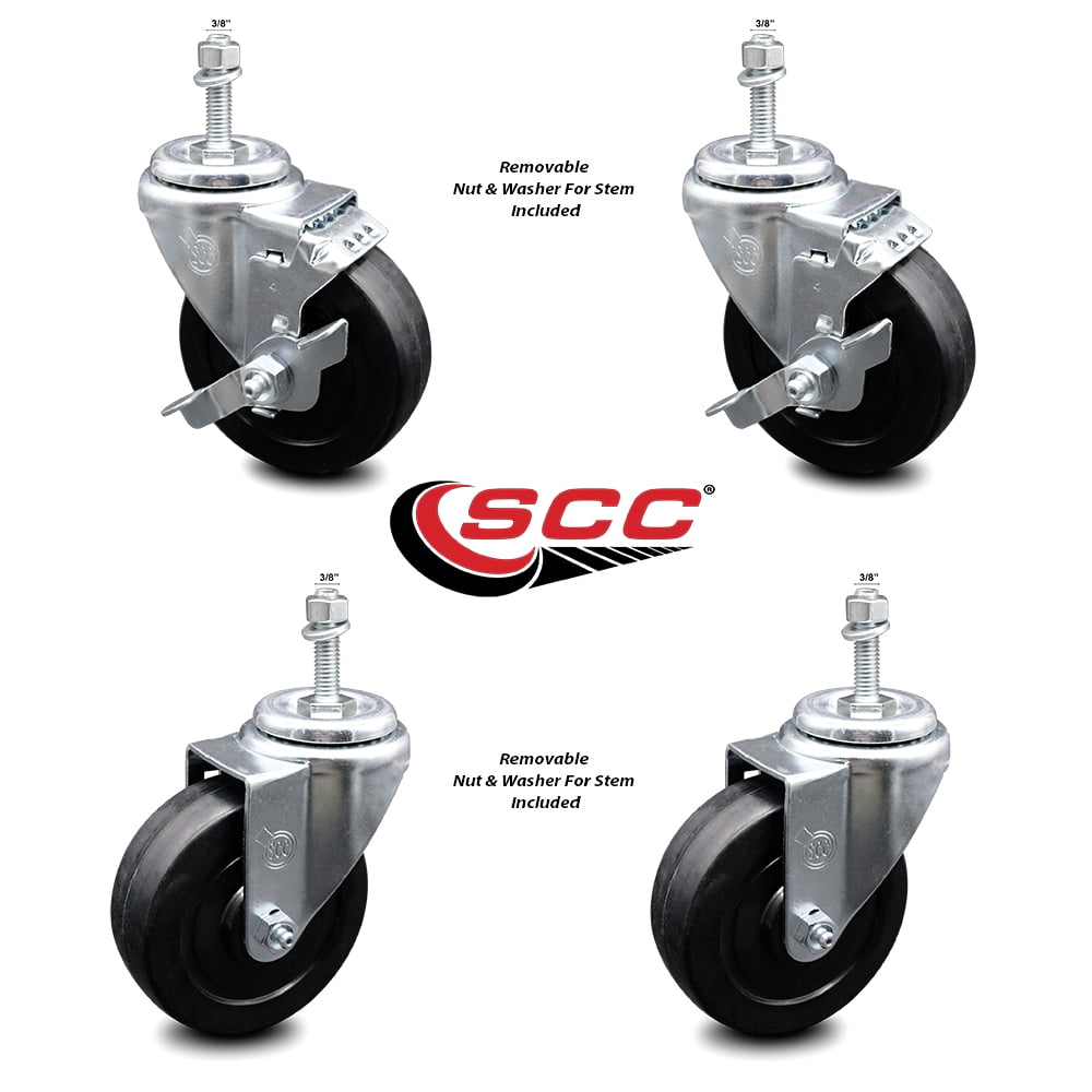 Soft Rubber Swivel Threaded Stem Caster Set of 4 w/4" x 1.25" Black