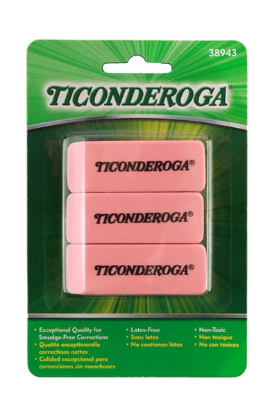 3 Ct. Erasers Ticonderoga Pink Erasers 1 Package Latex & Smudge Free 38943 