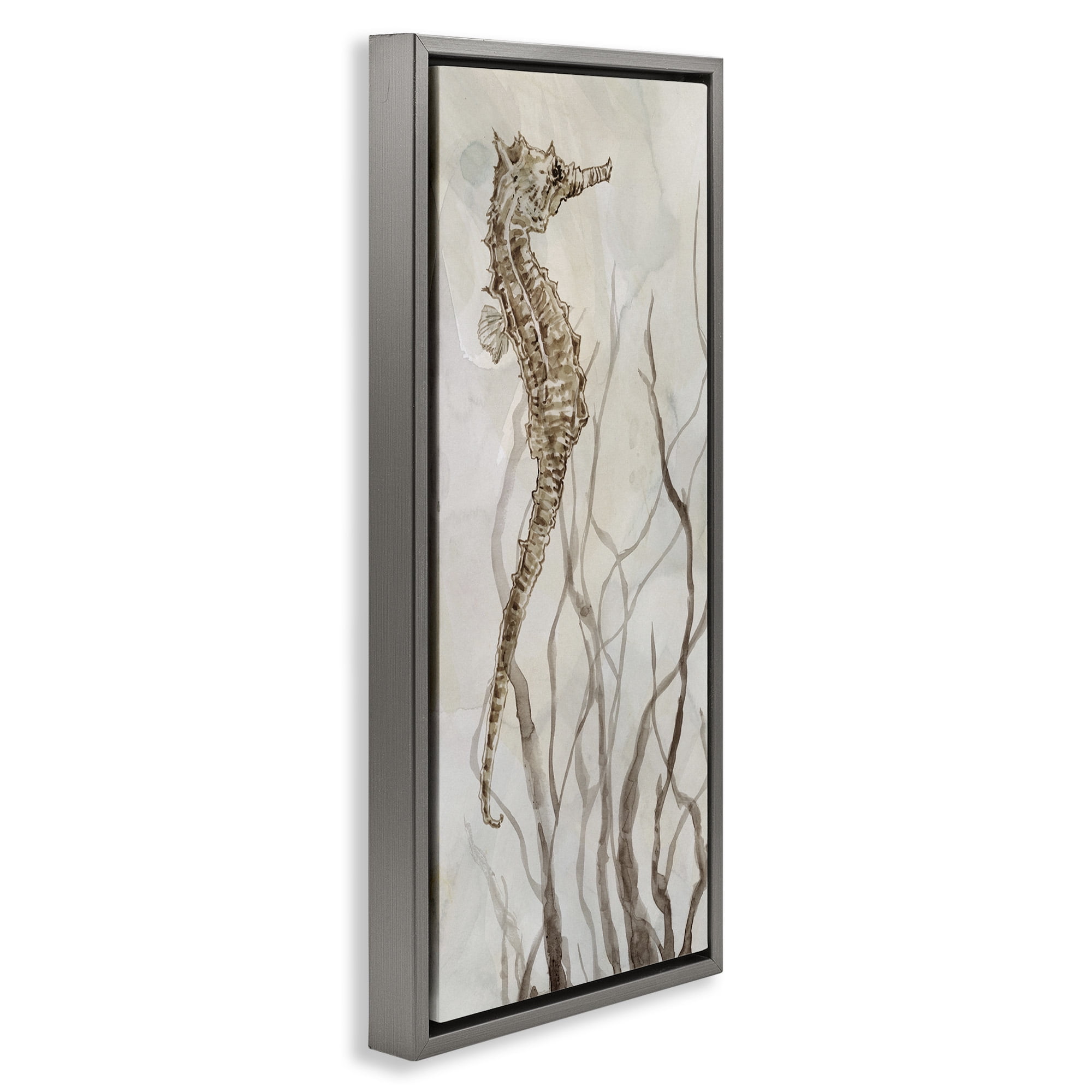 Stupell Industries Vigilant Seahorse Ocean Wildlife Animals & Insects Painting Gray Floater Framed Canvas Art Print Wall Art, 15 x 31