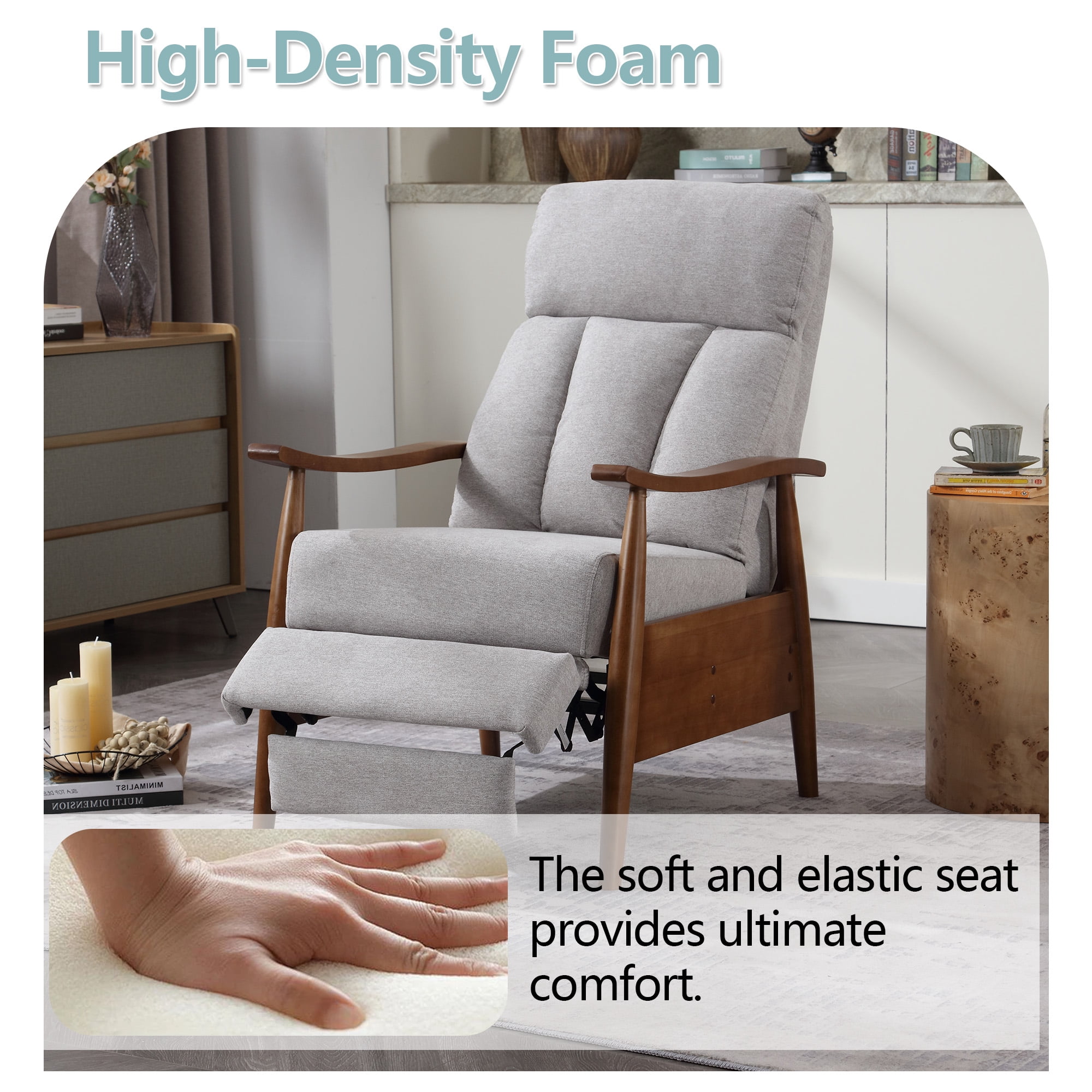 MOONMISS Linen Upholstered Wood Frame Adjustable Recliner Lounge Armchair for Living Room-Light Gray