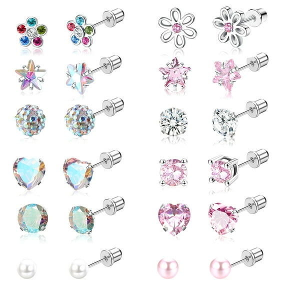 12 Pairs Surgical Stainless Steel Spiral Flat Back Earrings Set, Cute CZ Pink Heart Star Piercing Cartilage Titanium Stud Party Earrings for Women Adult