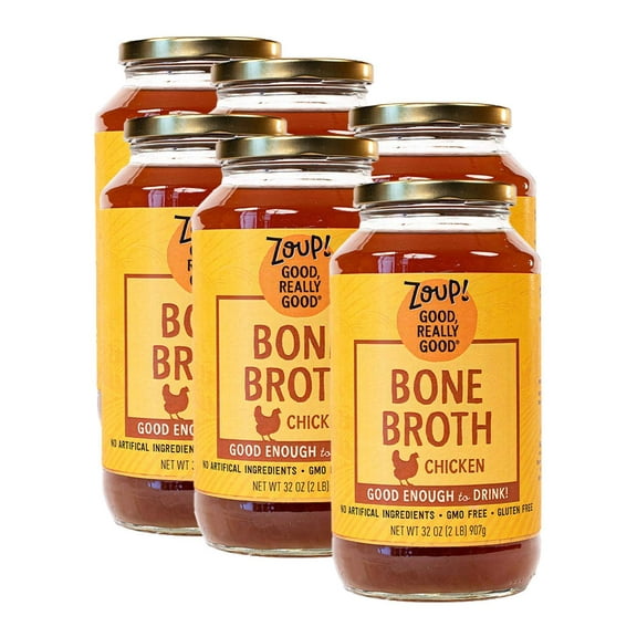 Chicken Bone Broth by Zoup! Keto-Friendly, Gluten Free, Fat Free, Non-GMO Clear Bone Broth - Great for Stock, Bouillon, Soup Base or in Gravy - 6-Pack (32 oz) Chicken - Bone 32 Ounce (Pack of 6)