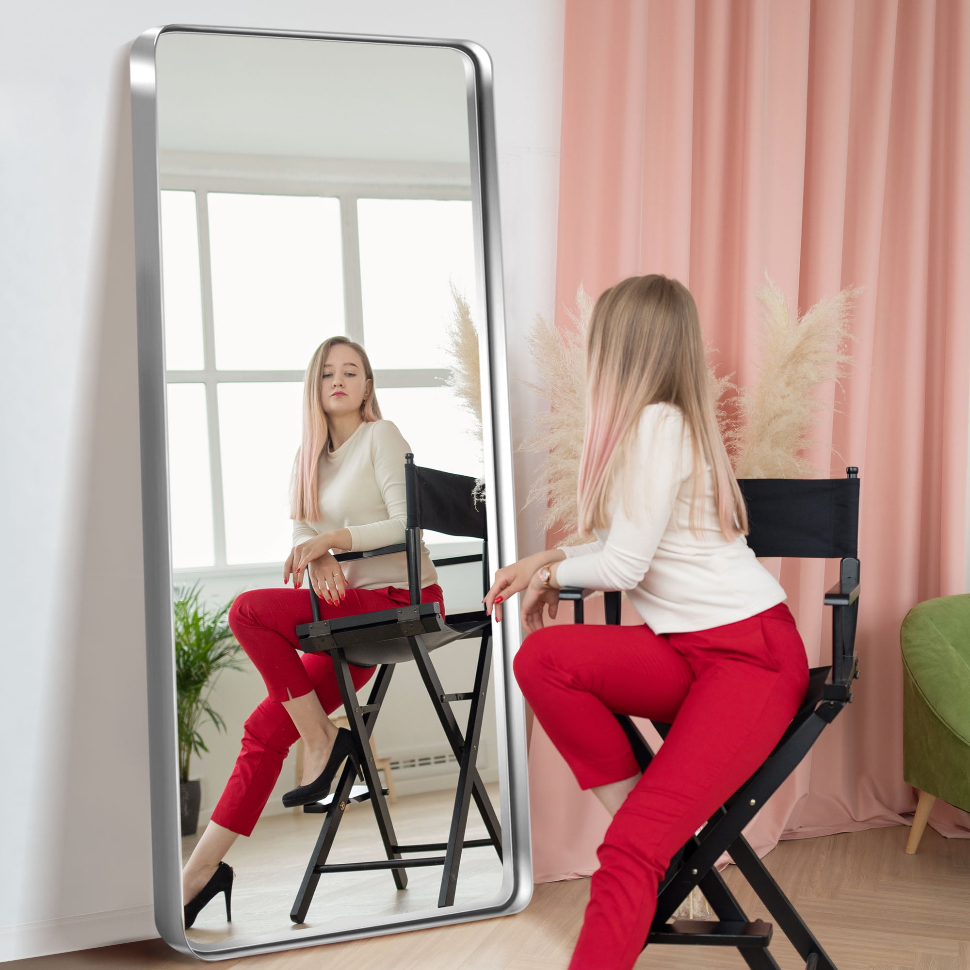 71"x32" Aluminum Alloy Wall Mount Rounded Corner Rectangular Mirror,Silver no stand