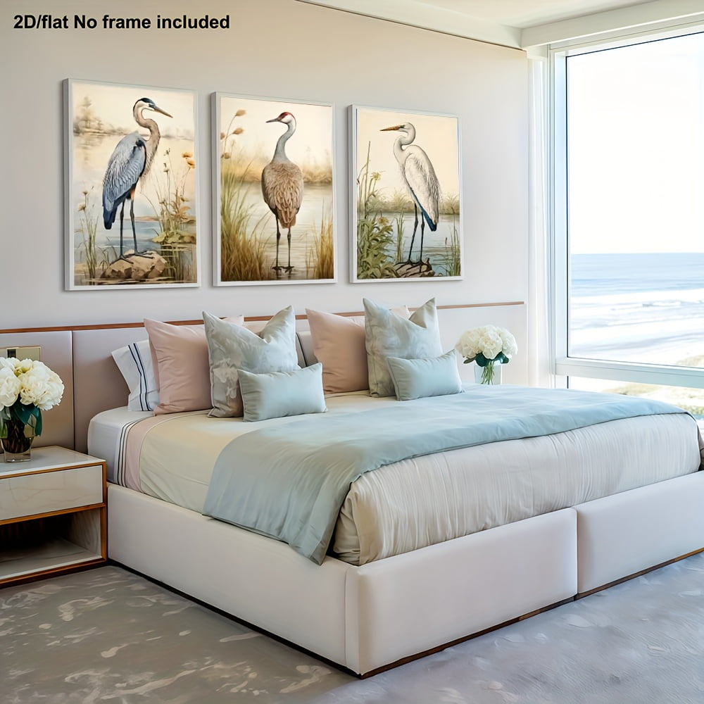 3pcs Room Decor Canvas Art, 2D Frameless Wall Art for Home Decor, Living Room, Bedroom - Coastal Birds Wall Decor, Blue Heron, Great Egret, and Sandhill Crane, Vintage Nature-Inspired Posters, Suita