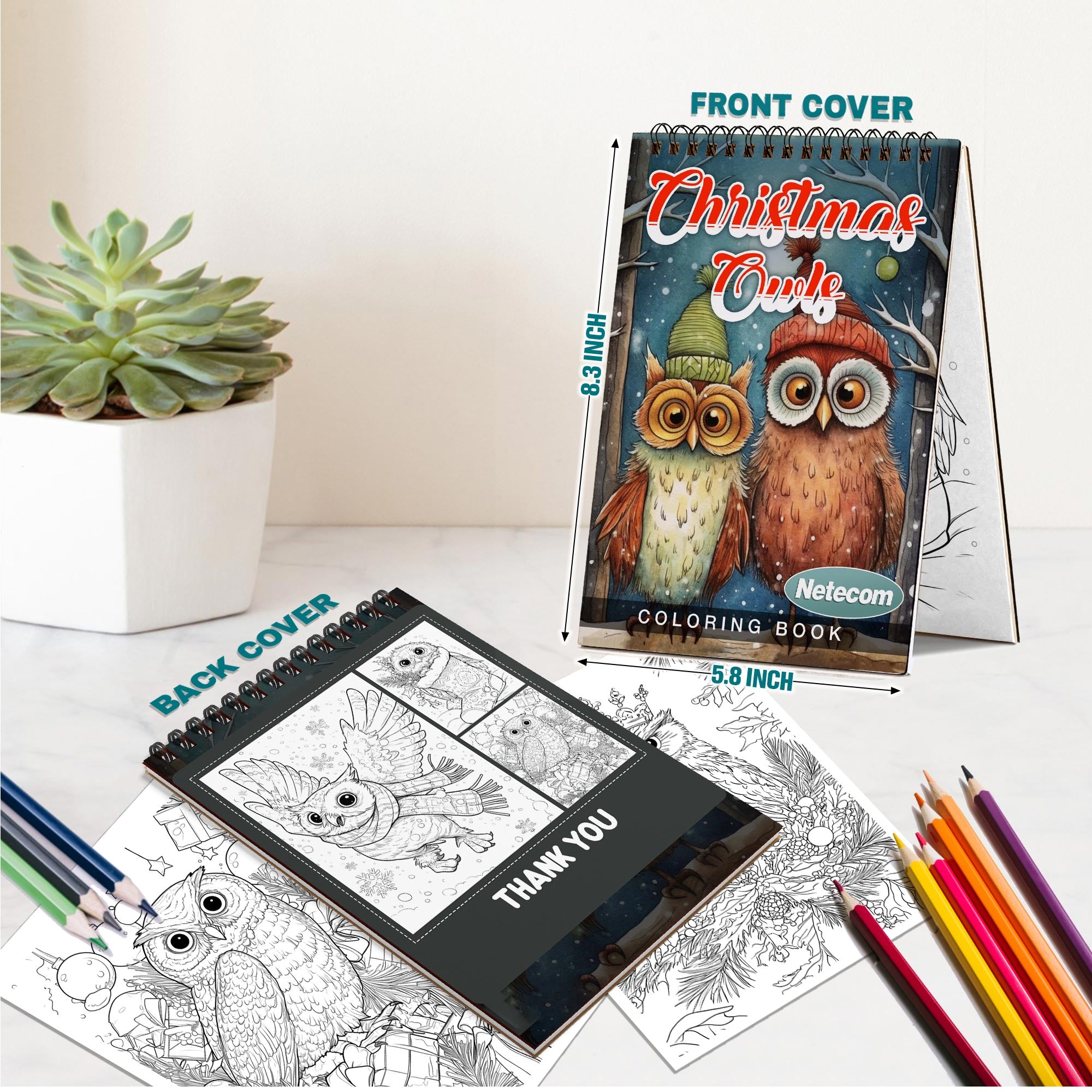Netecom Christmas Owls Coloring Book Spiral Bound for Adults, A5 Wooden Cover, 30 Charming Coloring Pages of Playful Owls in Holiday Winter Scenes for Stress Relief and Relaxation