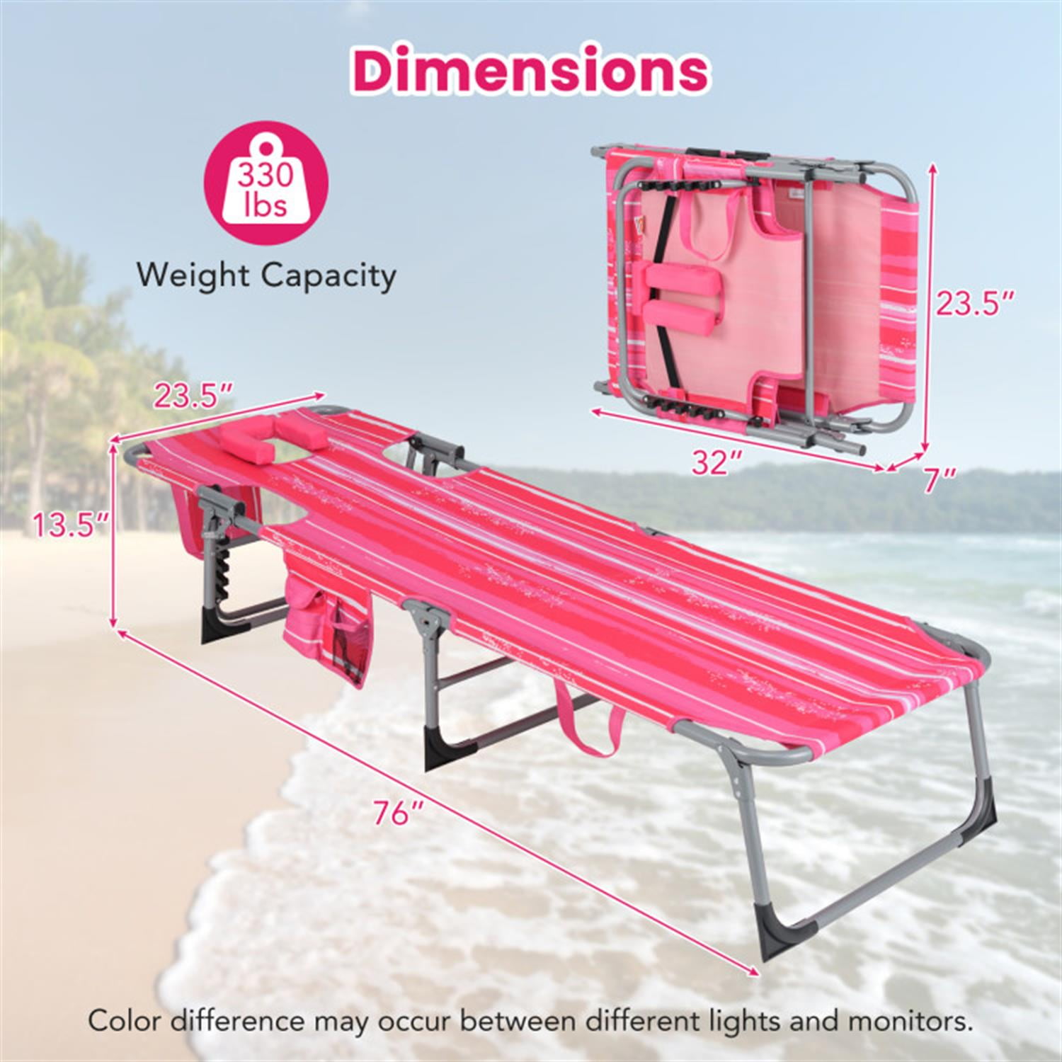 Demi Bonn Patio Folding Beach Lounge Chair with Pillow for Outdoor Pool, Sunbathing and Reading on Stomach, Pink
