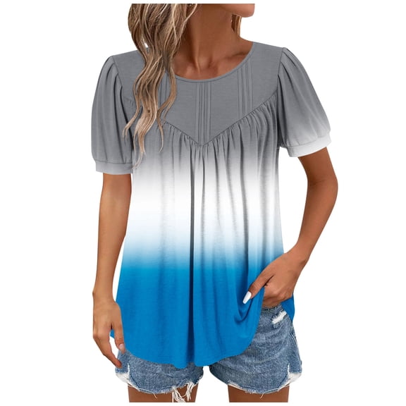 Womens Pleated Tunic Tops with Leggings, Short Sleeve Shirts for Women Summer Fashion Color Patchwork Flowy Crewneck Dressy Blouses