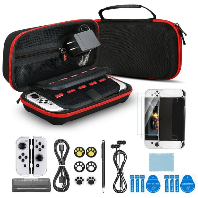 Carrying Case for Nintendo Switch OLED 2021, 16-in-1 Accessories Bundle Protective Case Bag with 20 Game Card Slots, Protective Case Cover, Screen Protector, Stylus Pen, Earphone, Black