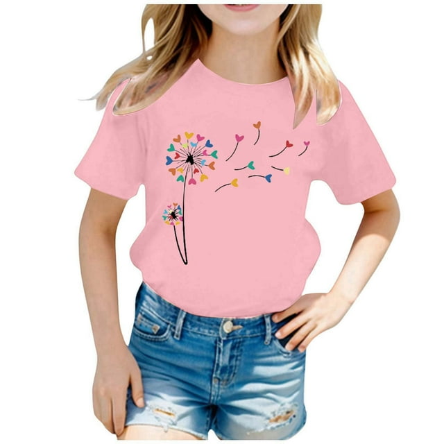 HNMKIU Hauts et T-Shirts Tendance pour Filles Imprimé Col Rond Manches Courtes T-Shirt Décontracté Doux Mode Été pour Enfants