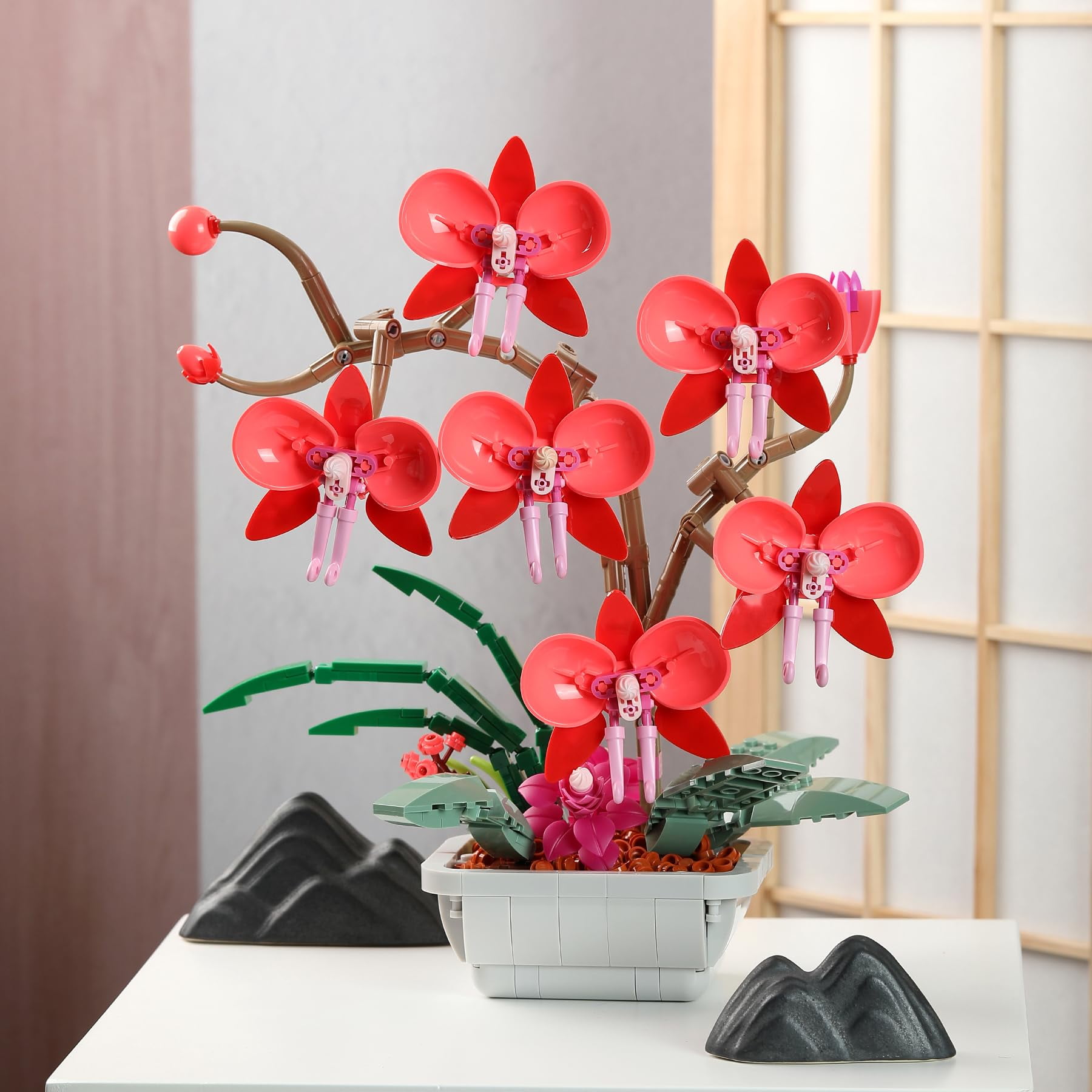 HI-Reeke Flower Building Block Set Orchid Botanical Bonsai Building Kit Toy  Gift for Kid Adult Red 