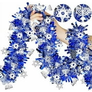 2-pack 36-foot Hanukkah tinsel garland with silver menorah and Star of David ornaments for party decor.