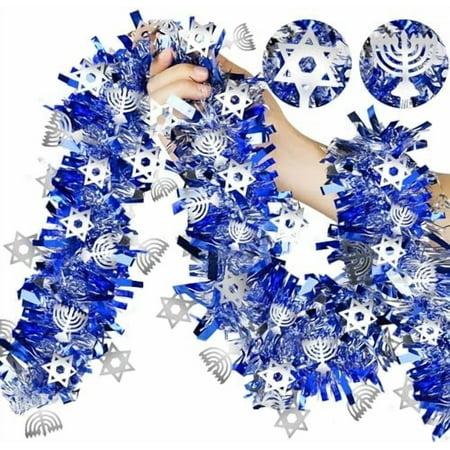 2-pack 36-foot Hanukkah tinsel garland with silver menorah and Star of David ornaments for party decor.