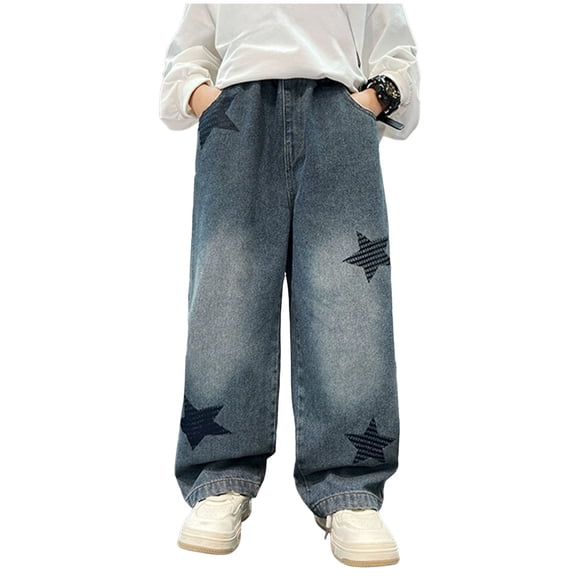 Wxirdiow Baggy Jeans Boys Jeans With Star Pattern Stylish Straight Leg Pants For Medium And Large Kids Cool And Trendy Blue Size,15-16 Years