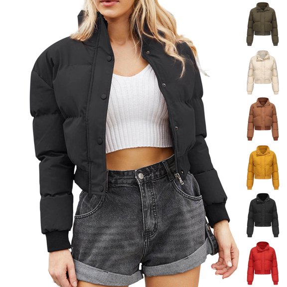 Women Stand Collar Zip Snap Dual Closure Cropped Puffer Jacket Long Sleeve Solid Warm Short Outerwear