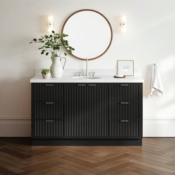 ARIEL Milan 61 Inch Single Oval Sink Bathroom Vanity with Pure White Quartz Countertop 1.5 Inch in Black