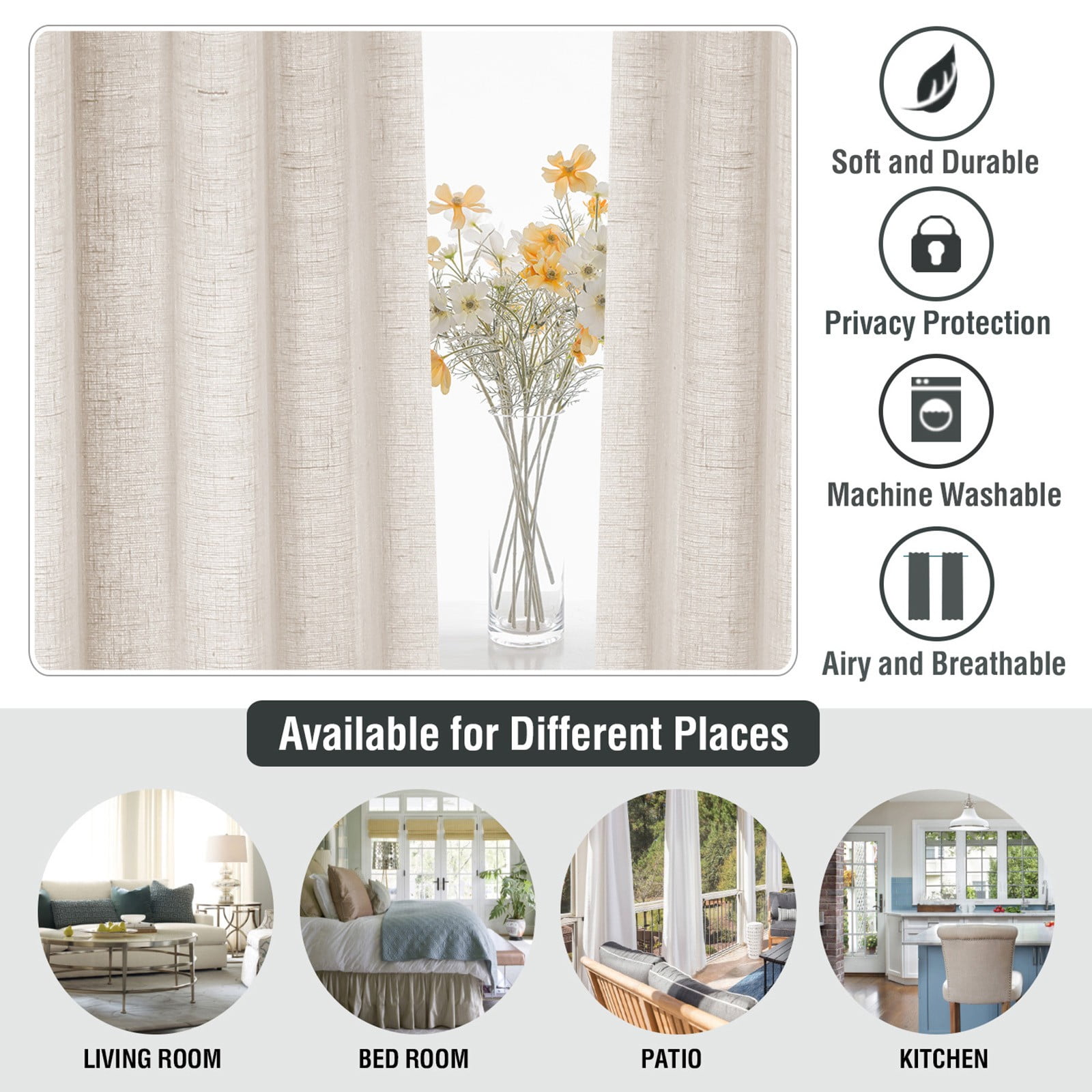 2 Curtains Linen Sheer Curtains 63 Inch Length Semi Sheer Curtains Silver Linen Curtain Panels for Living Room/Bedroom Light Filtering Curtains 2 Panels